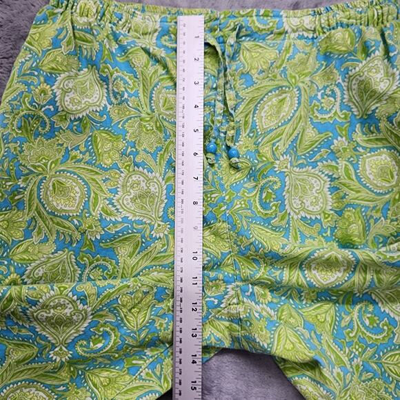 Vintage 90s Erika Pants Womens M Green Blue Leaf Print Linen Blend Pull On Crop - Picture 6 of 9